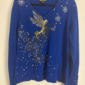 Berek XL blue angel Christmas sweater, jeweled sequin beaded snowflake holiday